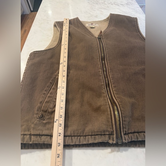 Woolrich Sherpa Lined Canvas Vest Tan Workwear Zip Utility Vest Size L - Picture 7 of 7